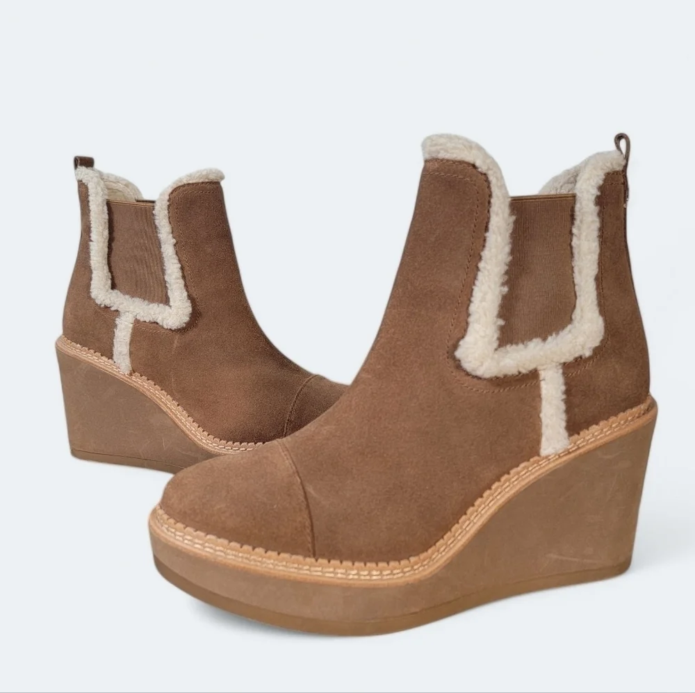 Sam Edelman Reagan Brown Suede Wedge Ankle Boots With Sherpa Trim Size 10